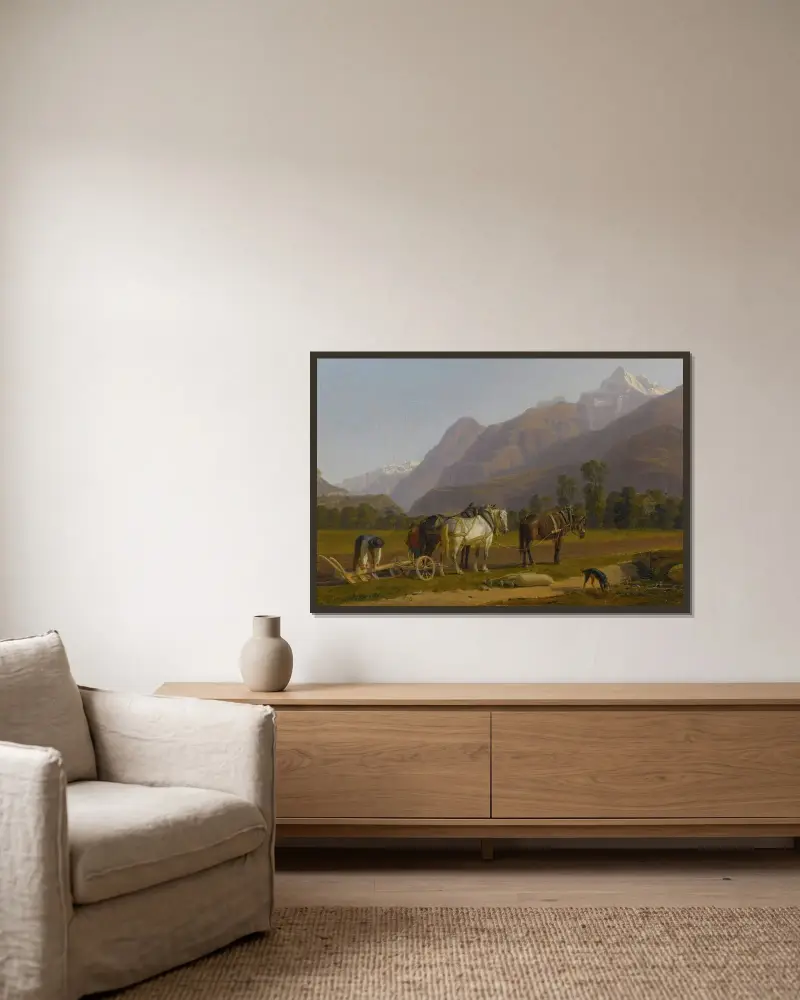 Krajobraz z oraczami i końmi w kantonie Valais, Johann Jakob Biedermann w ramie na ścianie