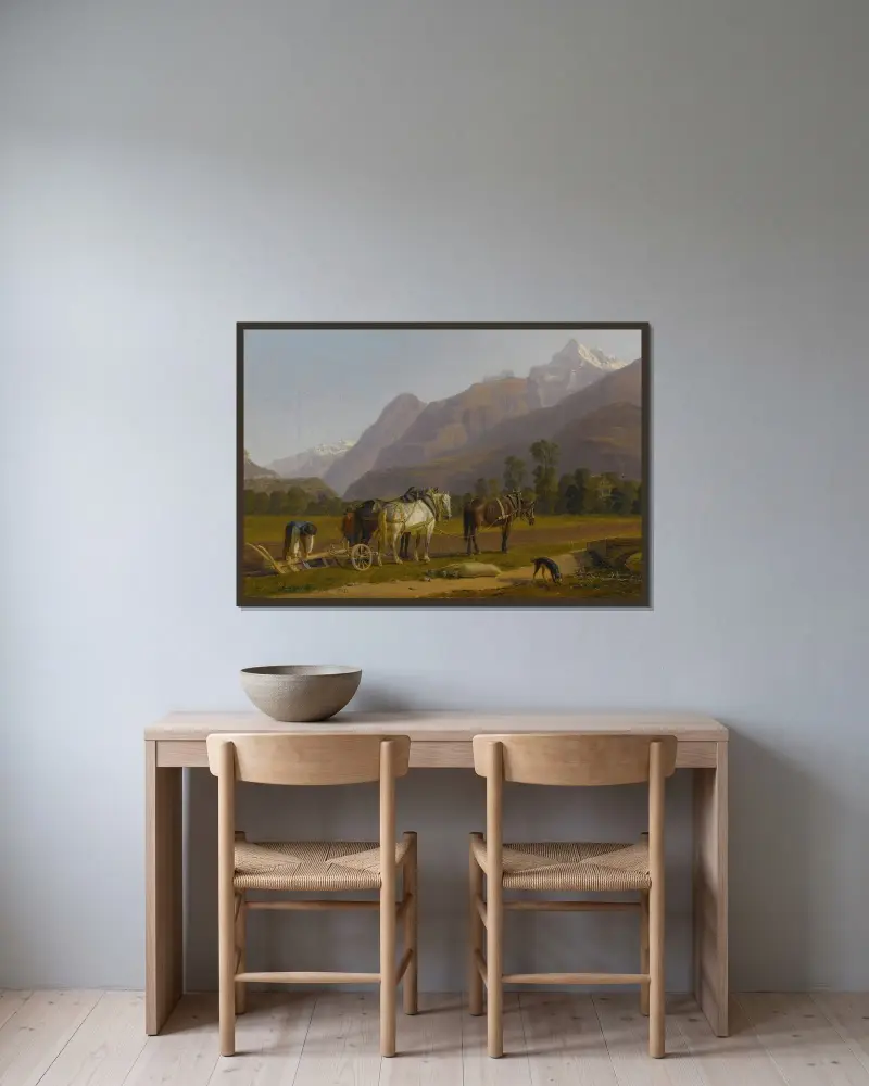 Krajobraz z oraczami i końmi w kantonie Valais, Johann Jakob Biedermann w ramie na ścianie