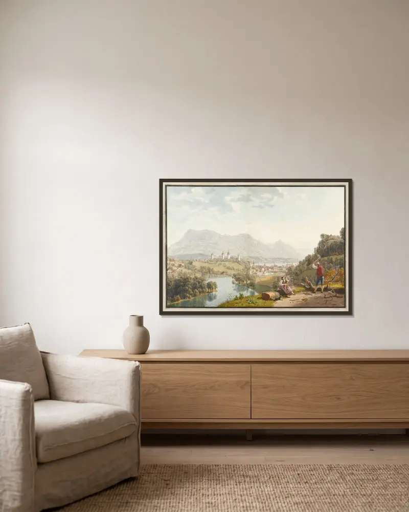 Luzern från nordväst av Johann Jakob Biedermann inramad på en vägg