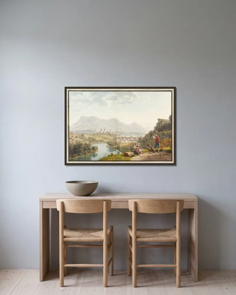 Luzern från nordväst av Johann Jakob Biedermann inramad på en vägg