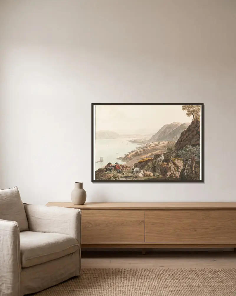 Twann und Bielersee von Nordosten von Johann Jakob Biedermann gerahmt an einer Wand
