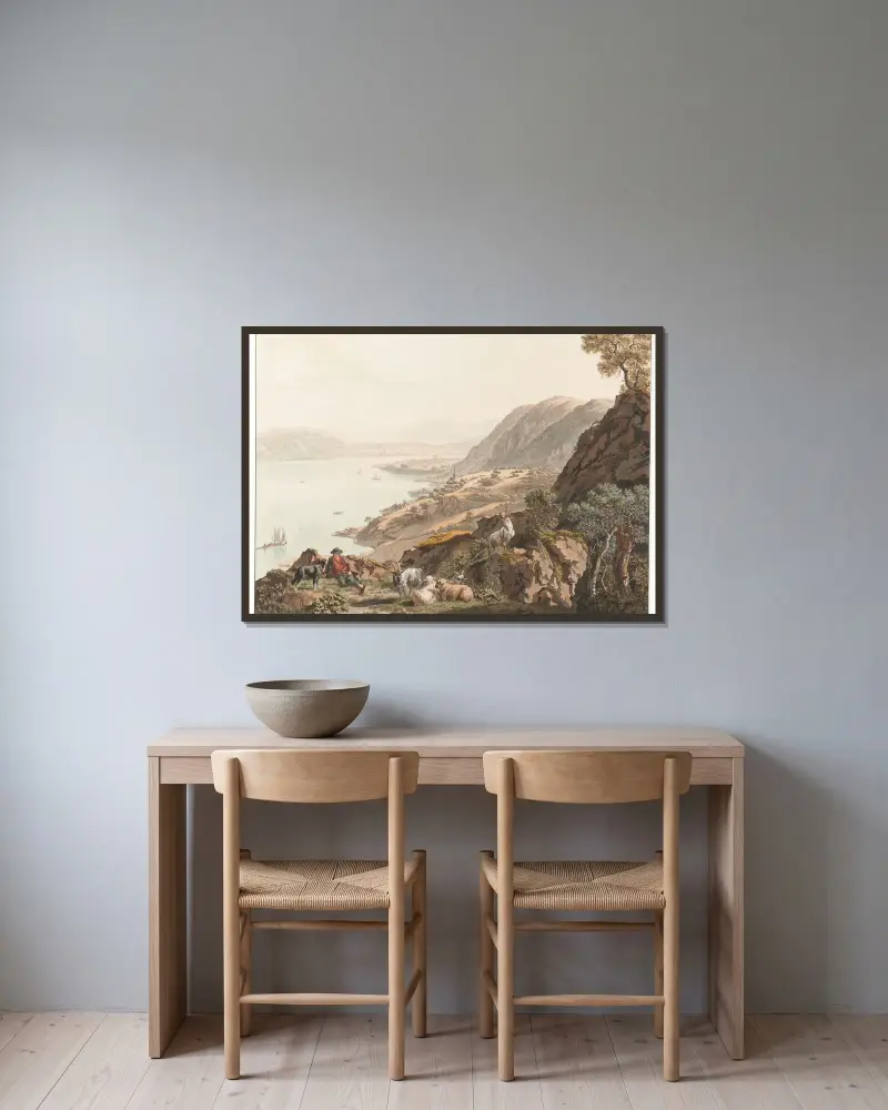 Twann und Bielersee von Nordosten von Johann Jakob Biedermann gerahmt an einer Wand