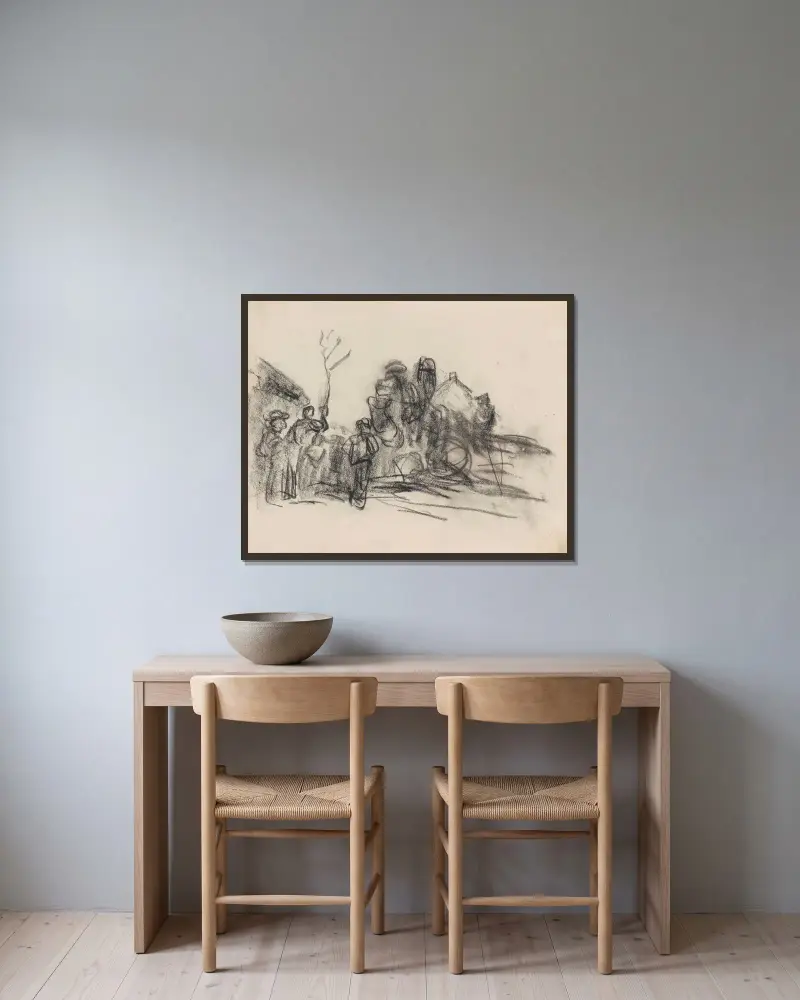 Gårdar och figurer av Jakob Smits inramad på en vägg