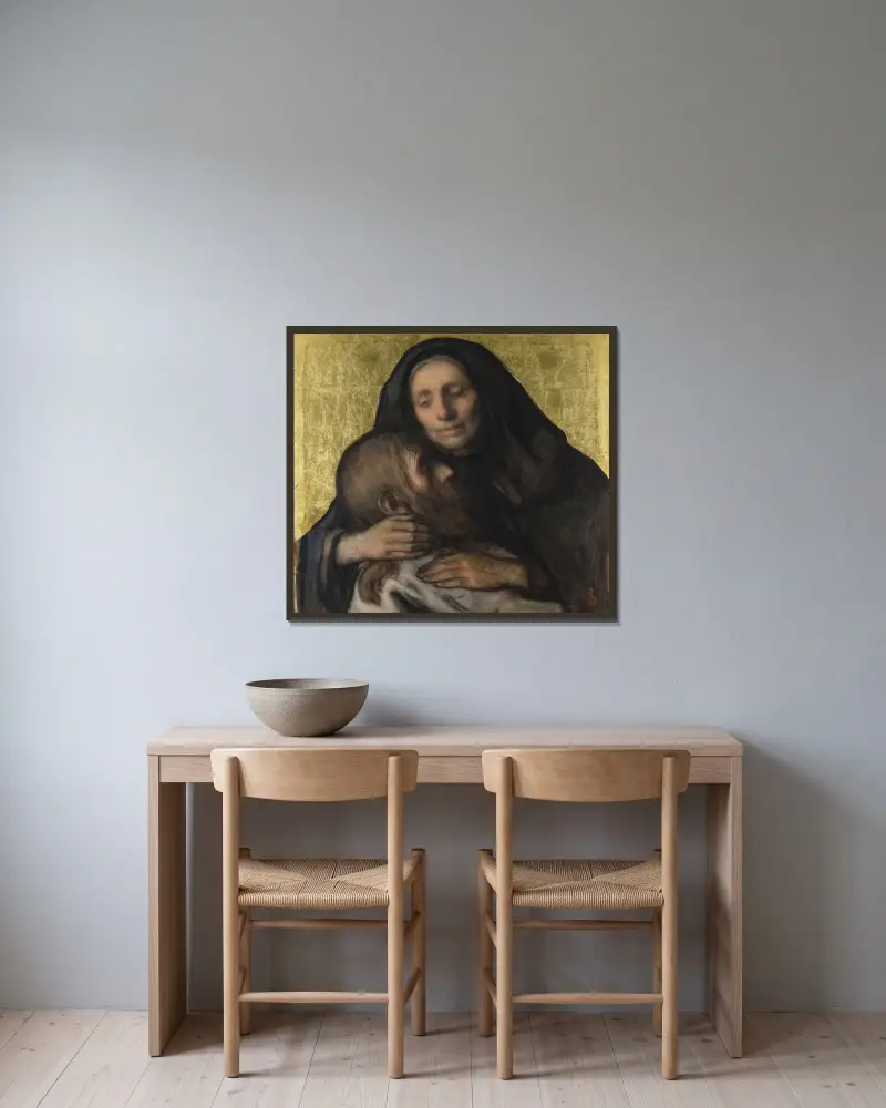 Pietà av Jakob Smits inramad på en vägg