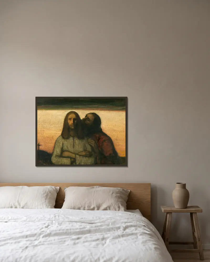 The Kiss of Judas av Jakob Smits inramad på en vägg