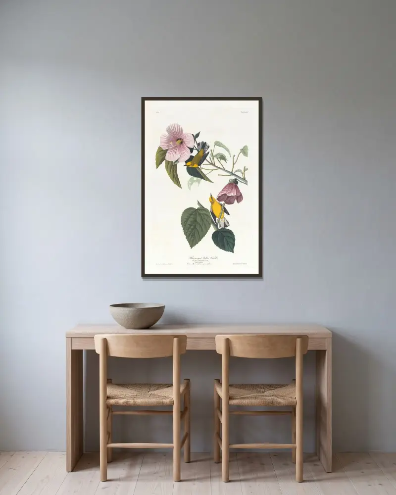 Blauflügeliger Waldsänger, 1827 – Nr. 1 von John James Audubon gerahmt an einer Wand