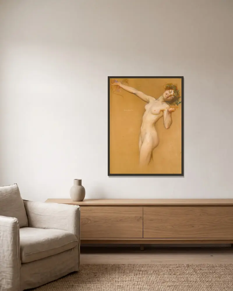Bacchante, study for the vintage morn av Herbert James Draper inramad på en vägg
