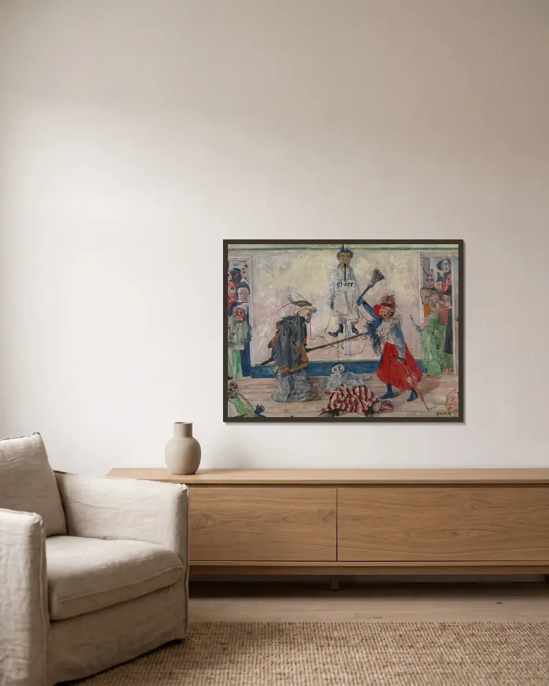 Skelette, die um den Körper eines Gehängten kämpfen von James Ensor gerahmt an einer Wand