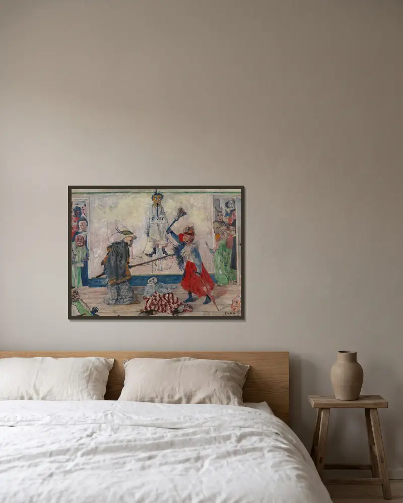 Skelette, die um den Körper eines Gehängten kämpfen von James Ensor gerahmt an einer Wand
