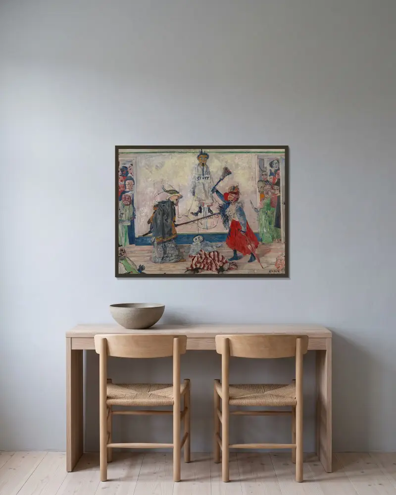 Skelette, die um den Körper eines Gehängten kämpfen von James Ensor gerahmt an einer Wand
