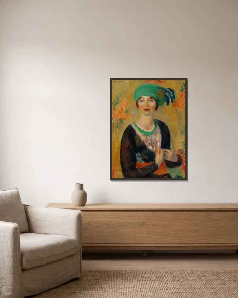 Flicka i grön turban av William James Glackens inramad på en vägg