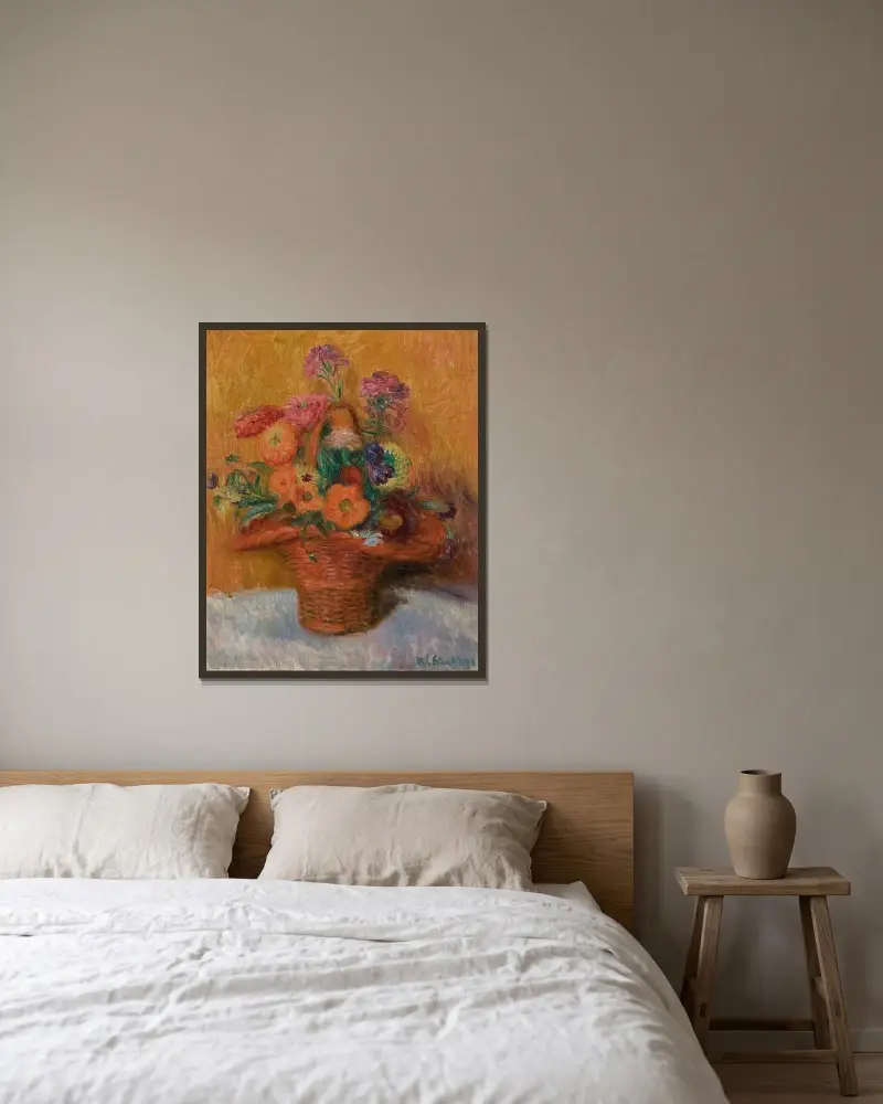 Röd korg med zinnior av William James Glackens inramad på en vägg