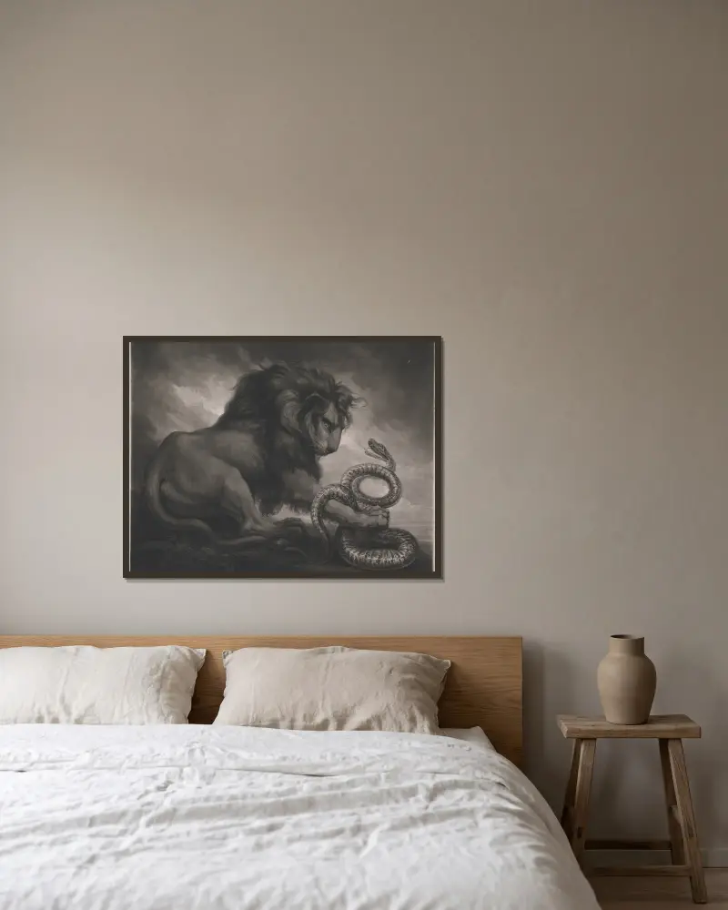 Löwe und Schlange von James Northcote gerahmt an einer Wand