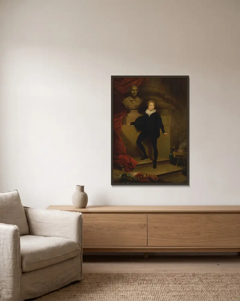 Master Betty als Hamlet vor einer Büste Shakespeares von James Northcote gerahmt an einer Wand