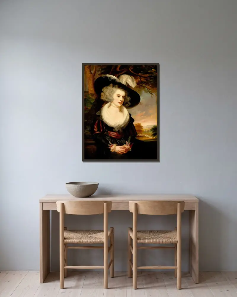 Porträtt av Mrs. Smith Barwell, född Unwin av James Northcote inramad på en vägg