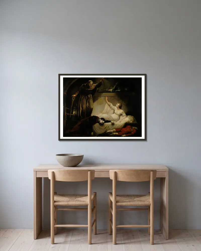Romeo and Juliet, act V, scene III , Romeo and Paris dead, Juliet and Friar Laurence av James Northcote inramad på en vägg