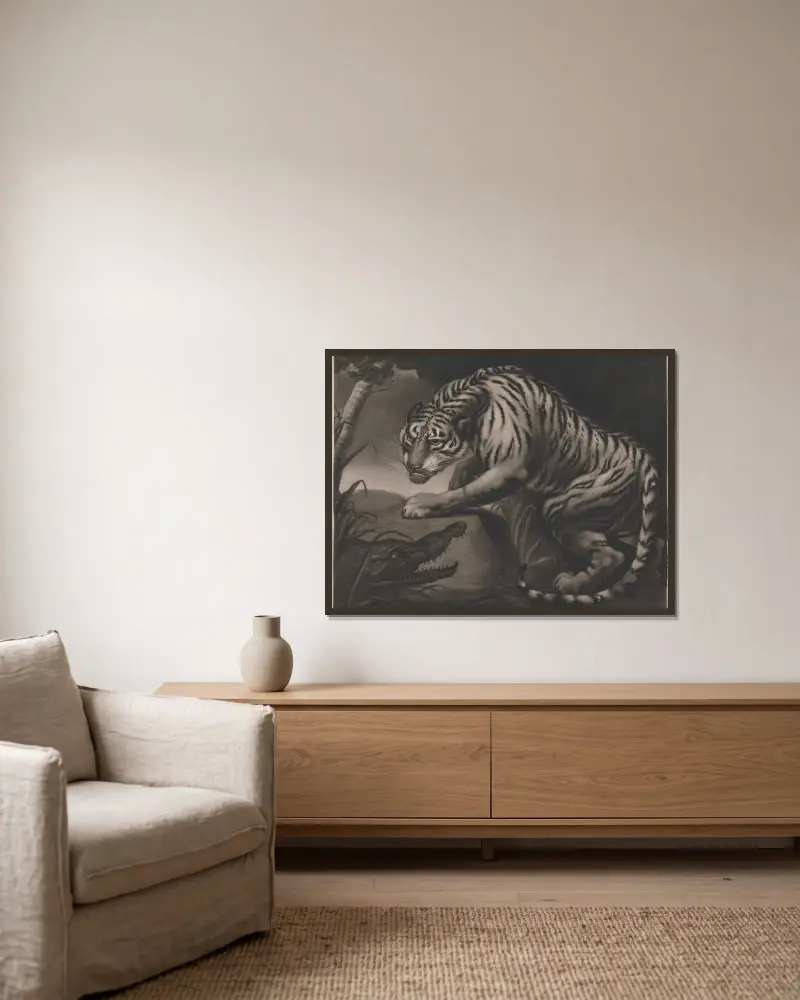 Tiger und Krokodil von James Northcote gerahmt an einer Wand