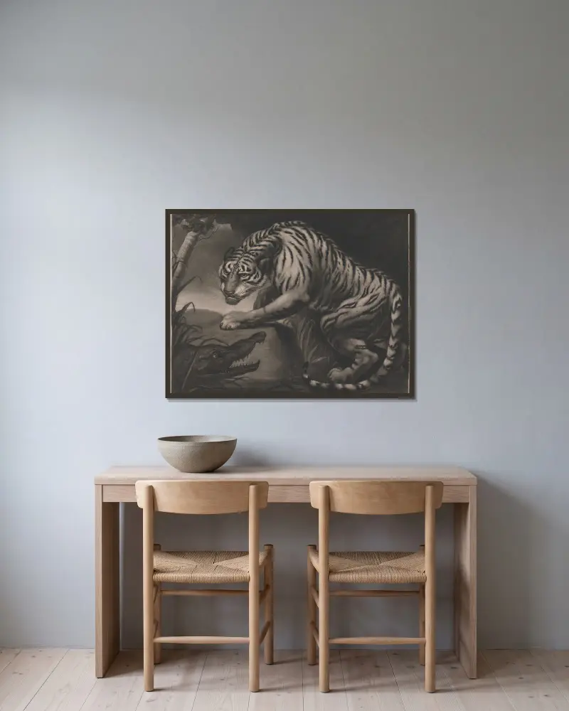 Tiger und Krokodil von James Northcote gerahmt an einer Wand