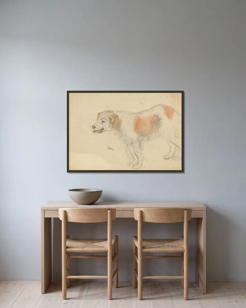 A Dog 3 av James Sowerby inramad på en vägg