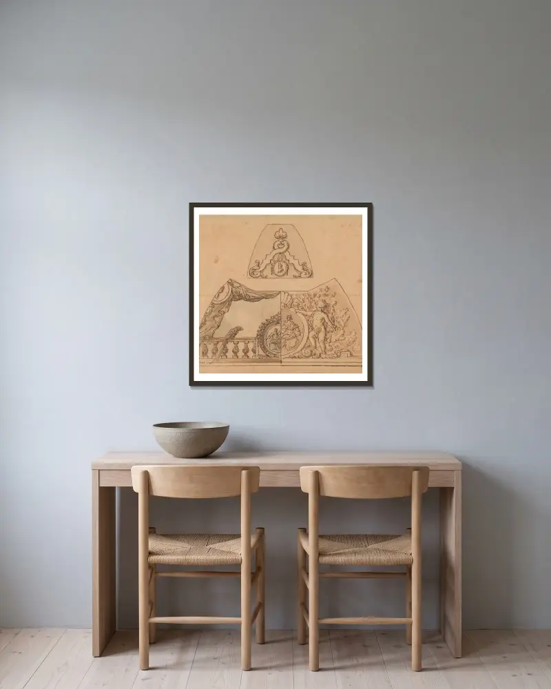 Entwurf für eine Deckendekoration (mit einem Papagei) von Sir James Thornhill gerahmt an einer Wand