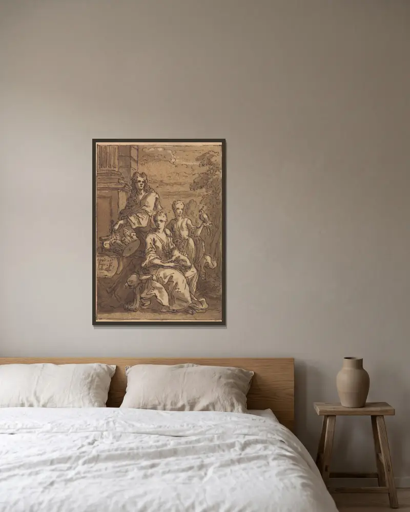 Entwurf für ein Porträt eines Architekten oder Malers von Sir James Thornhill gerahmt an einer Wand
