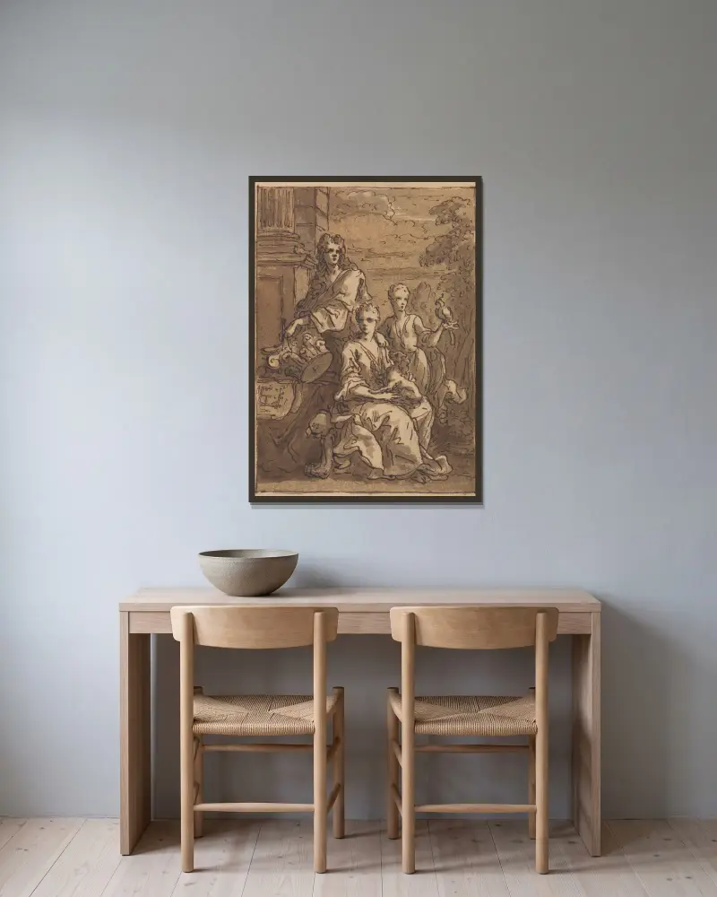 Entwurf für ein Porträt eines Architekten oder Malers von Sir James Thornhill gerahmt an einer Wand