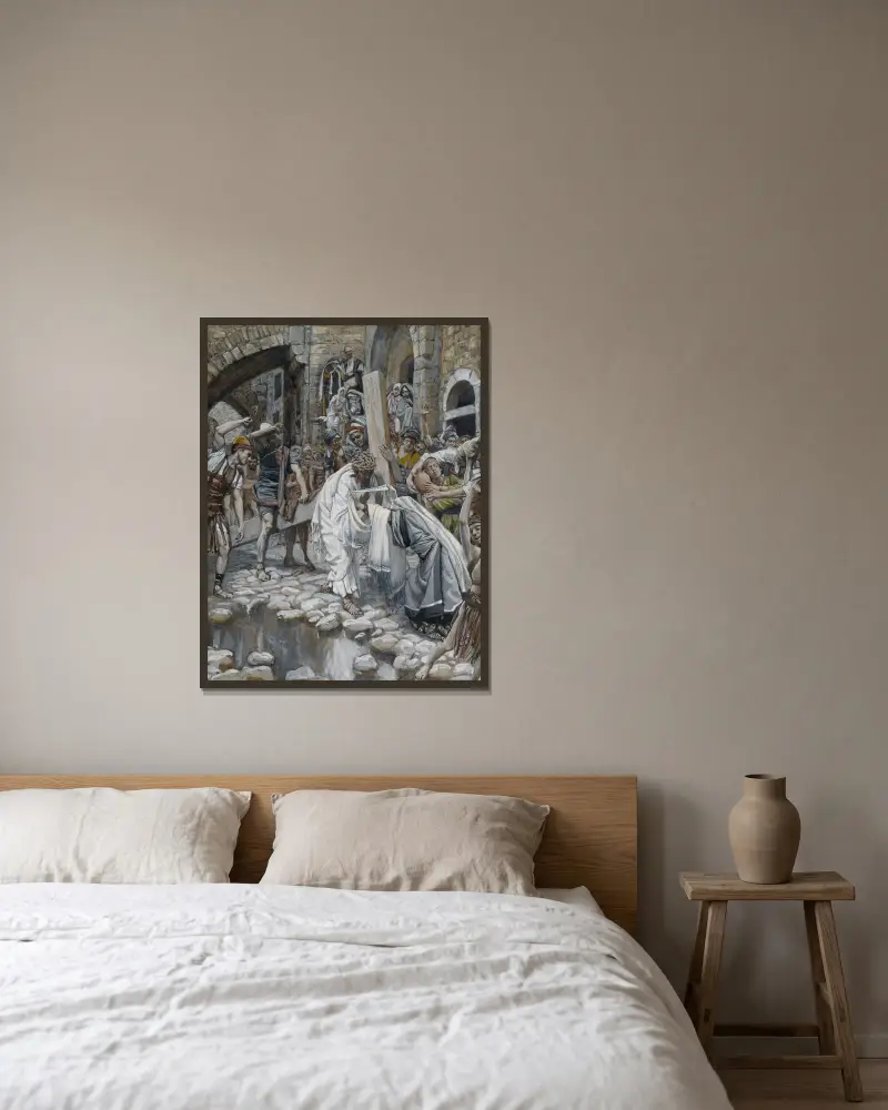 En helig kvinna torkar Jesu ansikte av James Tissot inramad på en vägg