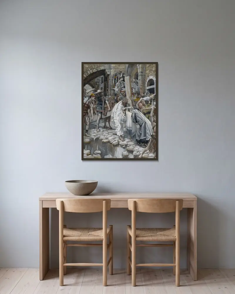 En helig kvinna torkar Jesu ansikte av James Tissot inramad på en vägg