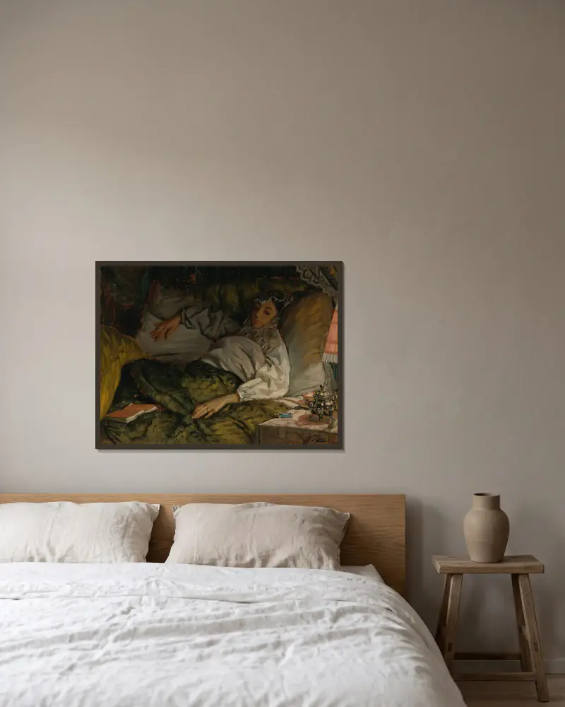 Eine liegende Dame von James Tissot gerahmt an einer Wand