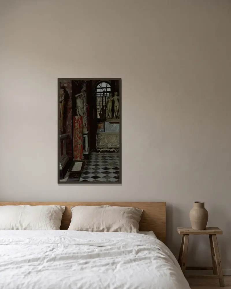 Widok sali greckich, rzymskich i etruskich starożytności (Sala nr 9) w Luwrze, James Tissot w ramie na ścianie