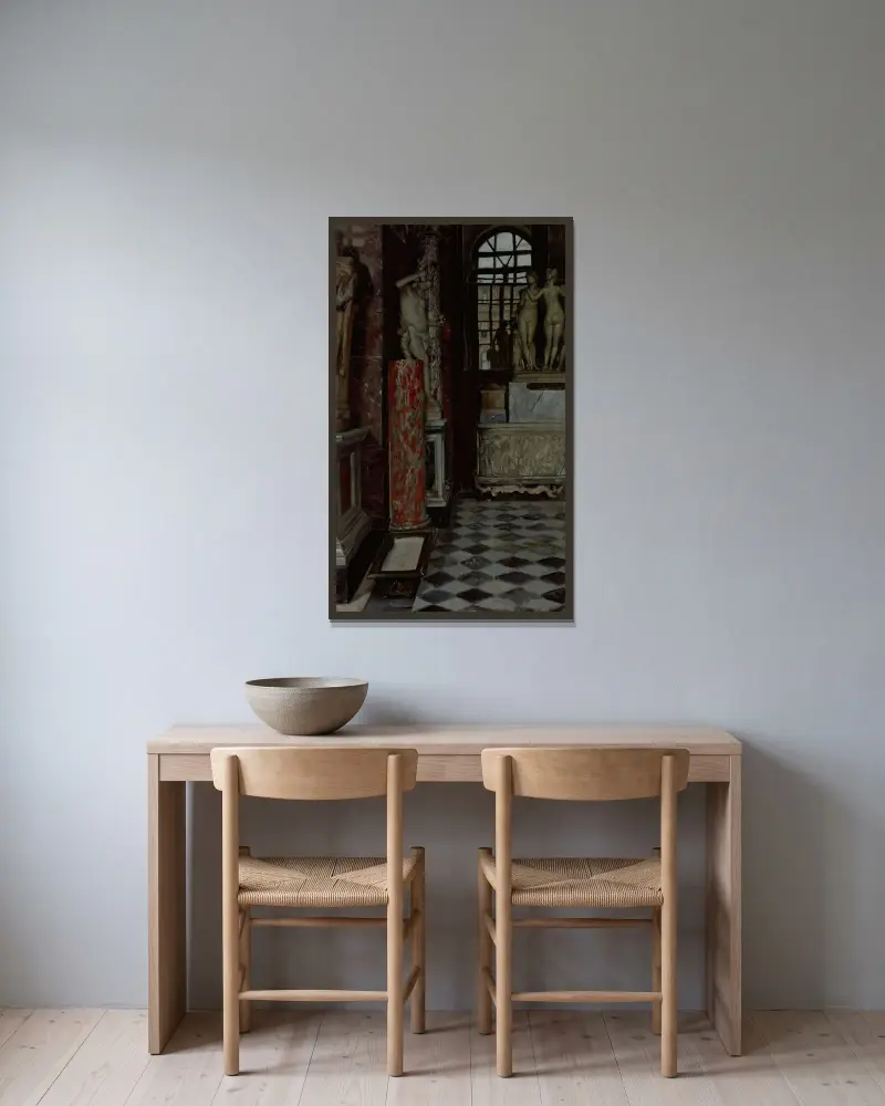 Widok sali greckich, rzymskich i etruskich starożytności (Sala nr 9) w Luwrze, James Tissot w ramie na ścianie