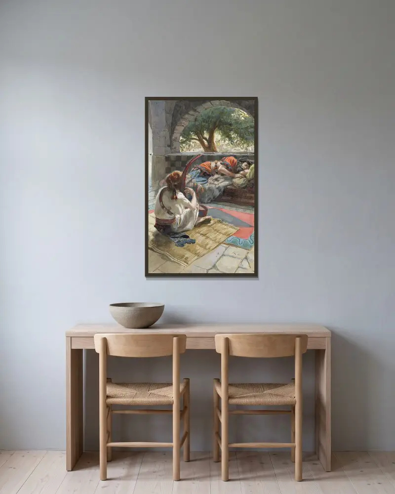 David spelar harpa inför Saul av James Tissot inramad på en vägg