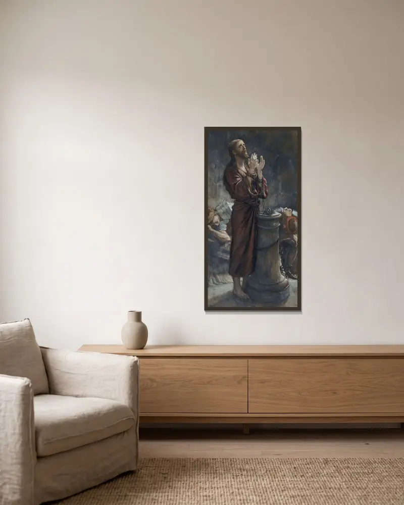 Långfredagsmorgon; Jesus i fängelset av James Tissot inramad på en vägg