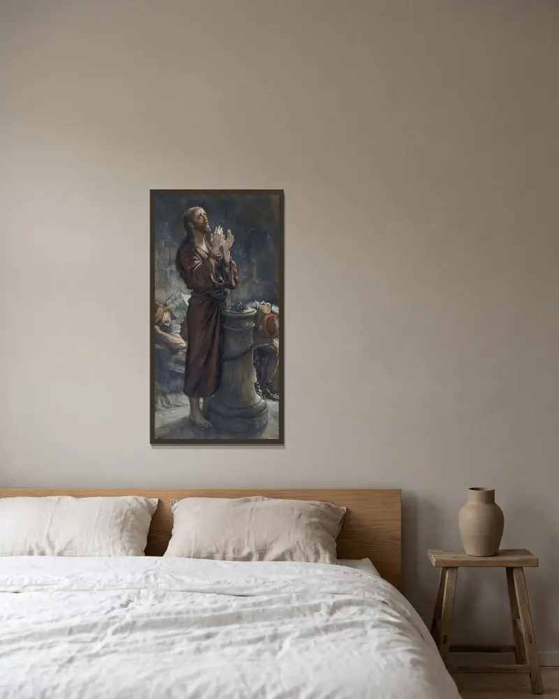 Långfredagsmorgon; Jesus i fängelset av James Tissot inramad på en vägg