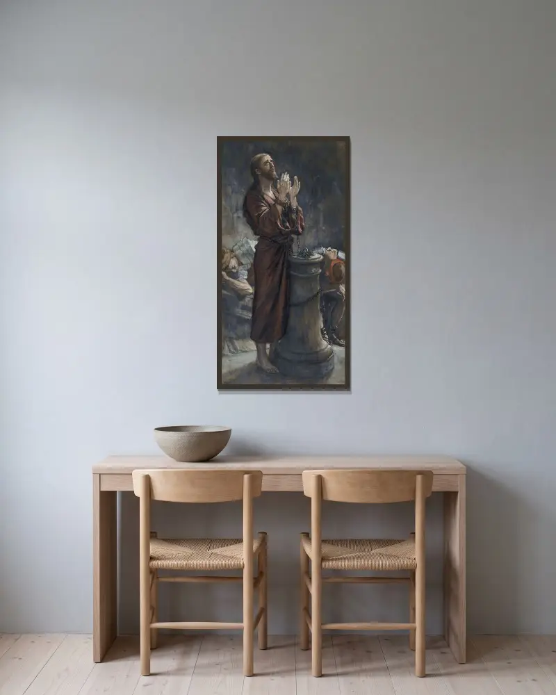 Långfredagsmorgon; Jesus i fängelset av James Tissot inramad på en vägg