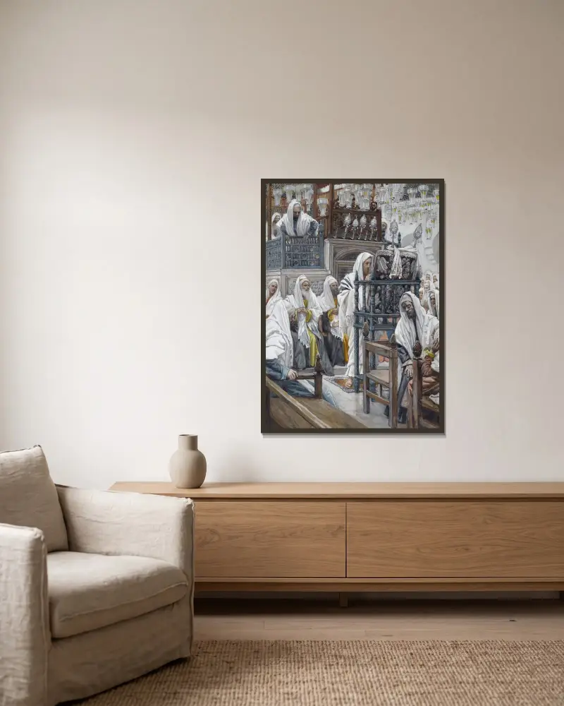 Jesus rullar ut boken i synagogan av James Tissot inramad på en vägg