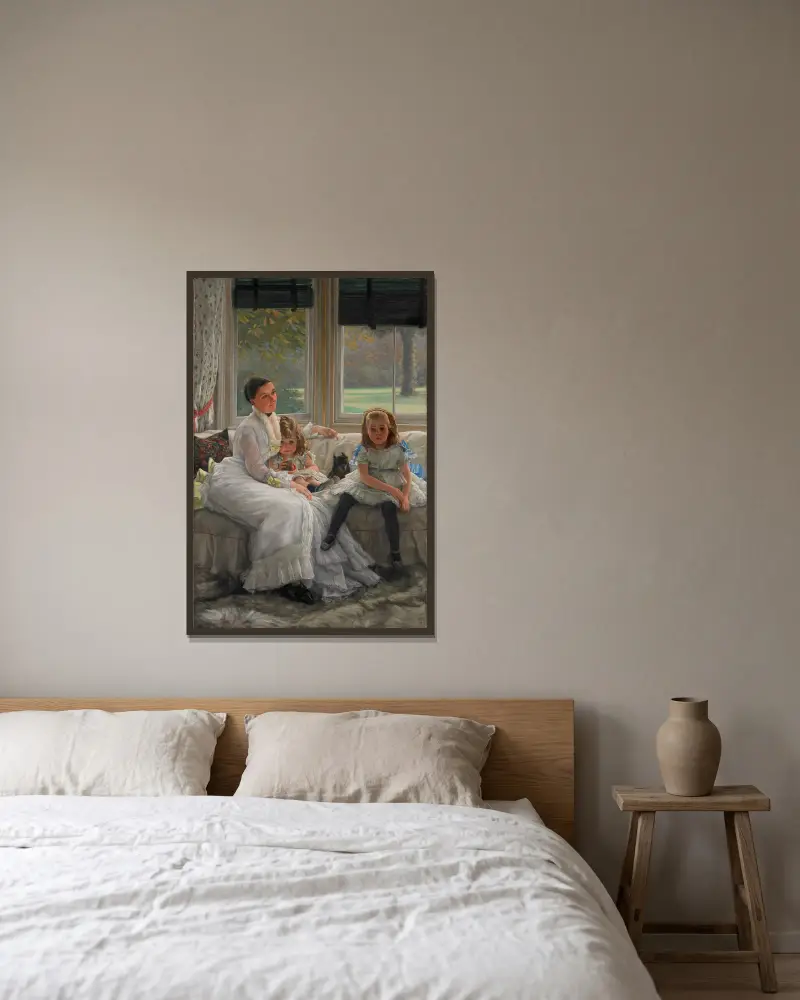 Porträtt av Mrs Catherine Smith Gill och två av hennes barn av James Tissot inramad på en vägg