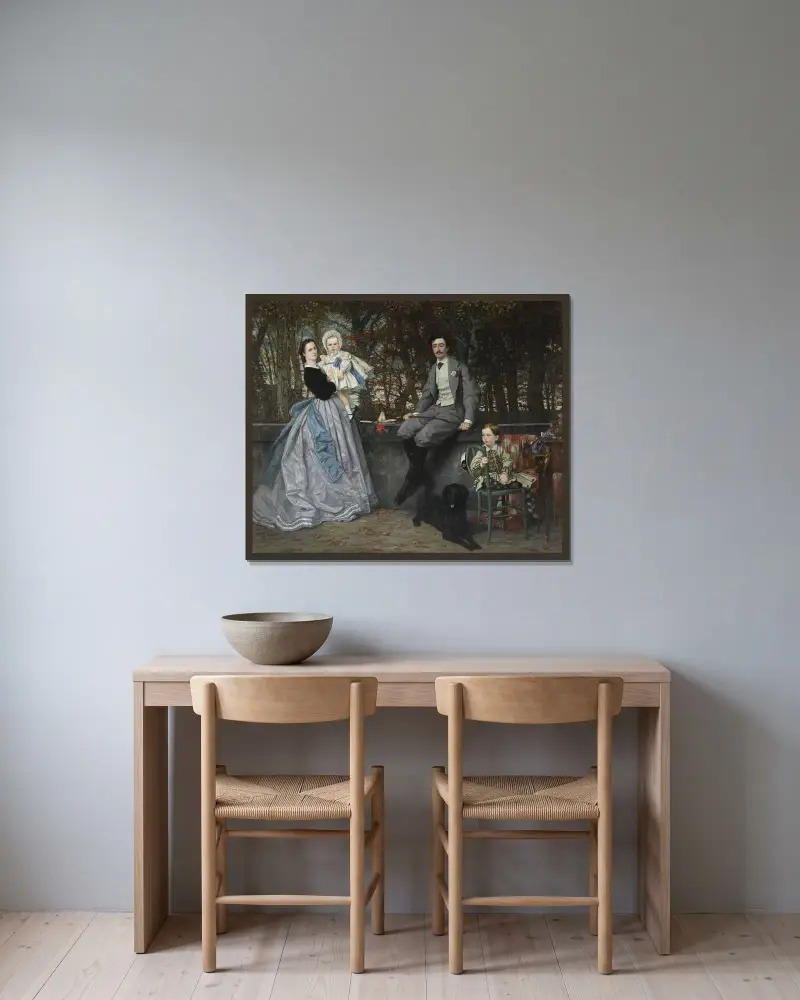 Porträt des Marquis und der Marquise von Miramon und ihrer Kinder von James Tissot gerahmt an einer Wand