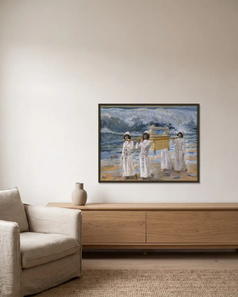 Die Arche zieht über den Jordan von James Tissot gerahmt an einer Wand