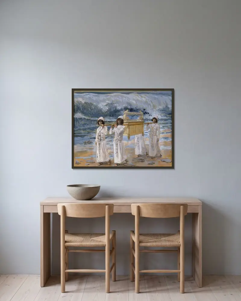 Die Arche zieht über den Jordan von James Tissot gerahmt an einer Wand