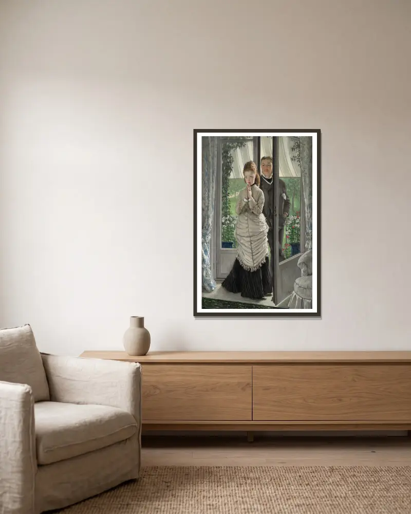 Zwei Figuren an einer Tür (Der Heiratsantrag) von James Tissot gerahmt an einer Wand