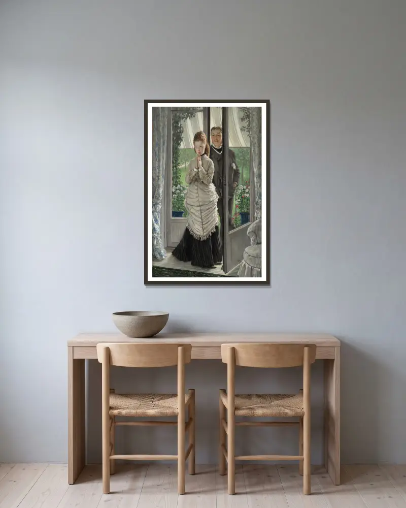 Zwei Figuren an einer Tür (Der Heiratsantrag) von James Tissot gerahmt an einer Wand