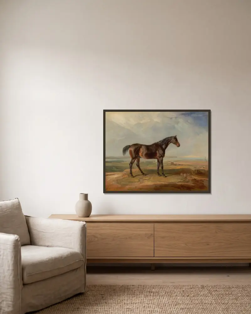 Dr. Syntax, a Bay Racehorse, Standing in a Coastal Landscape, an Estuary Beyond av James Ward inramad på en vägg
