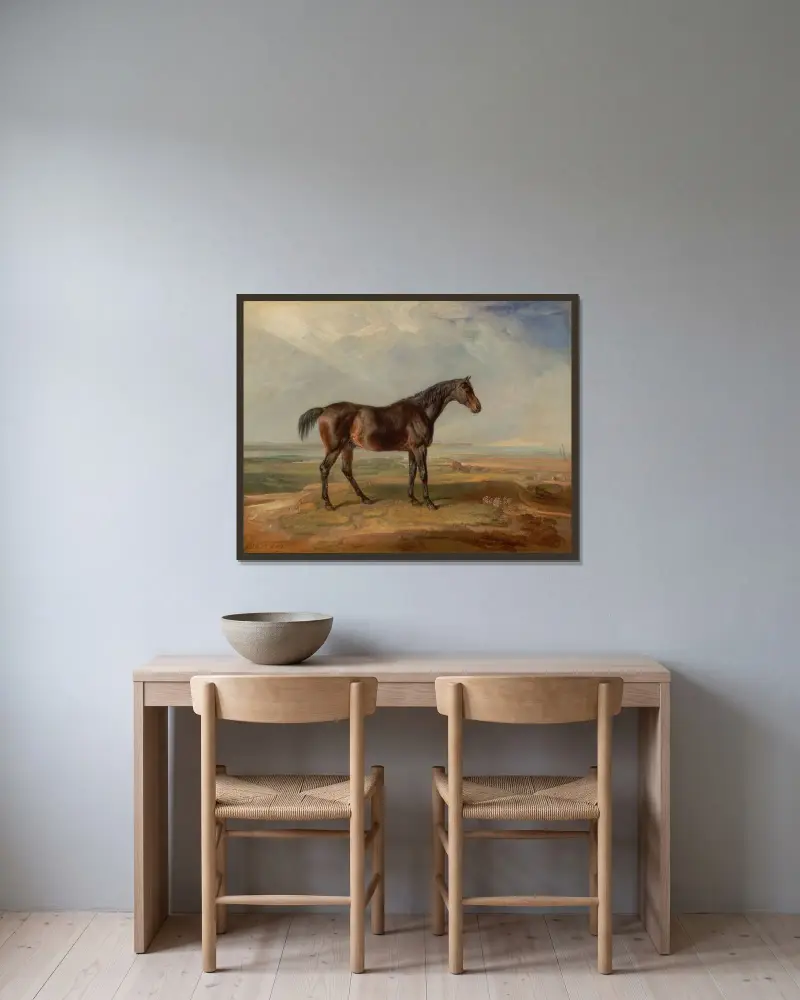 Dr. Syntax, a Bay Racehorse, Standing in a Coastal Landscape, an Estuary Beyond av James Ward inramad på en vägg
