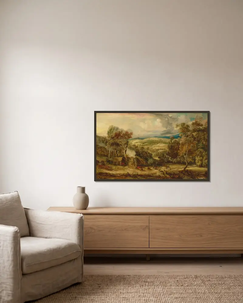 Fitzhead in Somerset, mit einem Ochsenkarren an einem Kalkofen und Glastonbury Tor in der Ferne von James Ward gerahmt an einer Wand