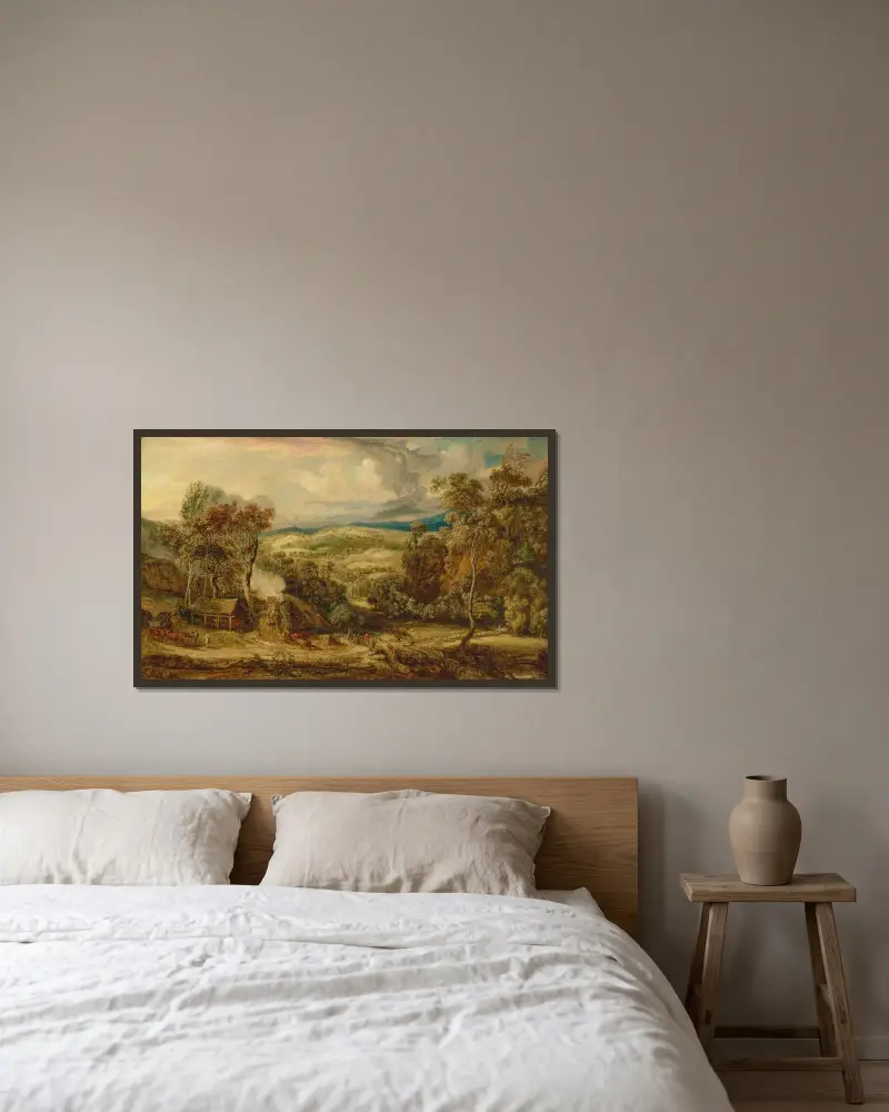 Fitzhead in Somerset, mit einem Ochsenkarren an einem Kalkofen und Glastonbury Tor in der Ferne von James Ward gerahmt an einer Wand