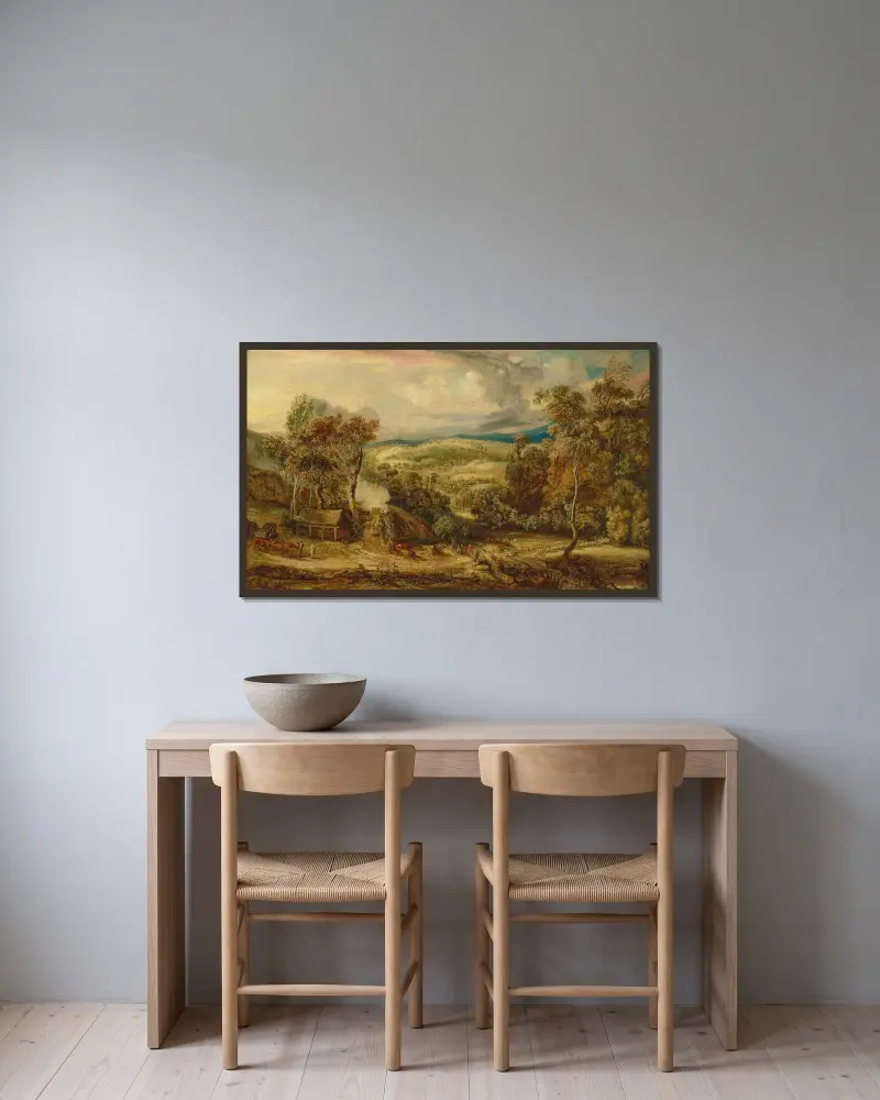Fitzhead in Somerset, mit einem Ochsenkarren an einem Kalkofen und Glastonbury Tor in der Ferne von James Ward gerahmt an einer Wand