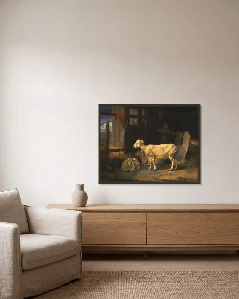Heath Ewe and Lambs av James Ward inramad på en vägg