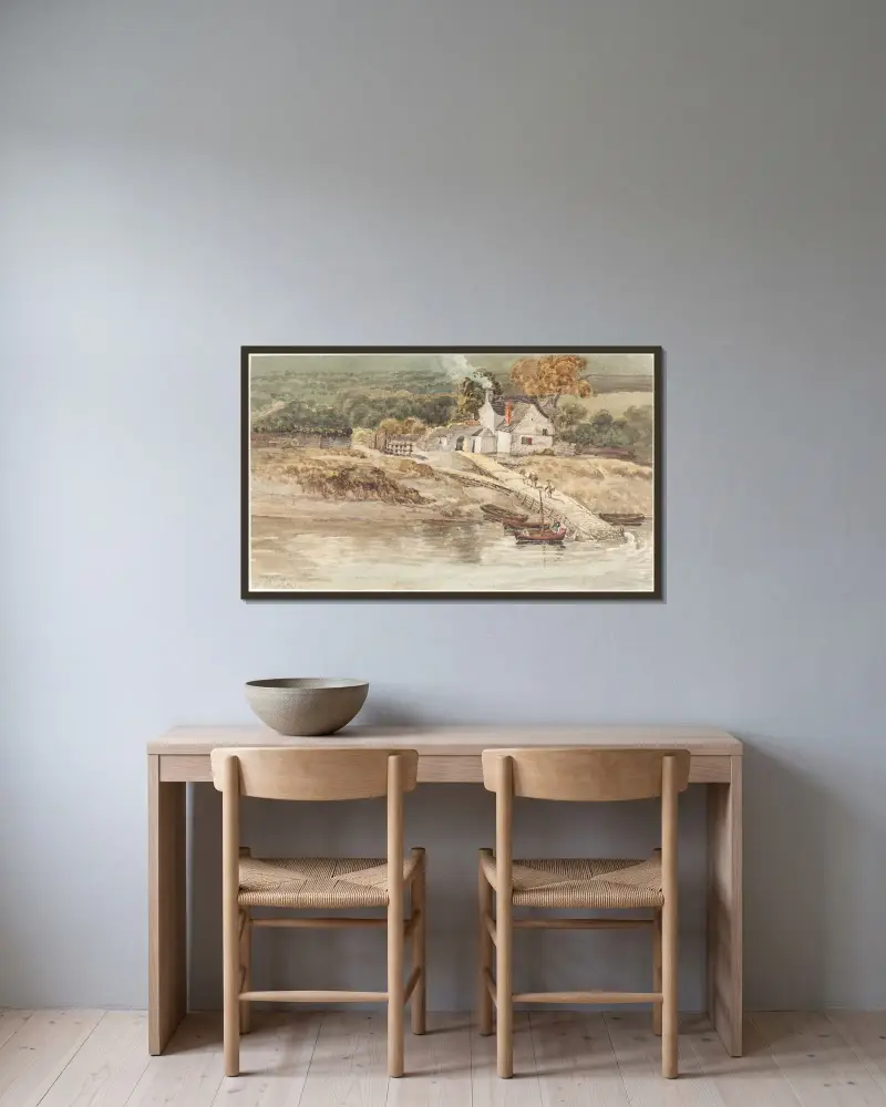 Utsiktsplats nära Tintern Abbey av James Ward inramad på en vägg