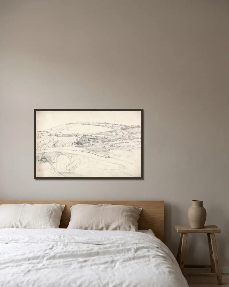 Landskap med bondgård och majsstjälkar av James Ward inramad på en vägg